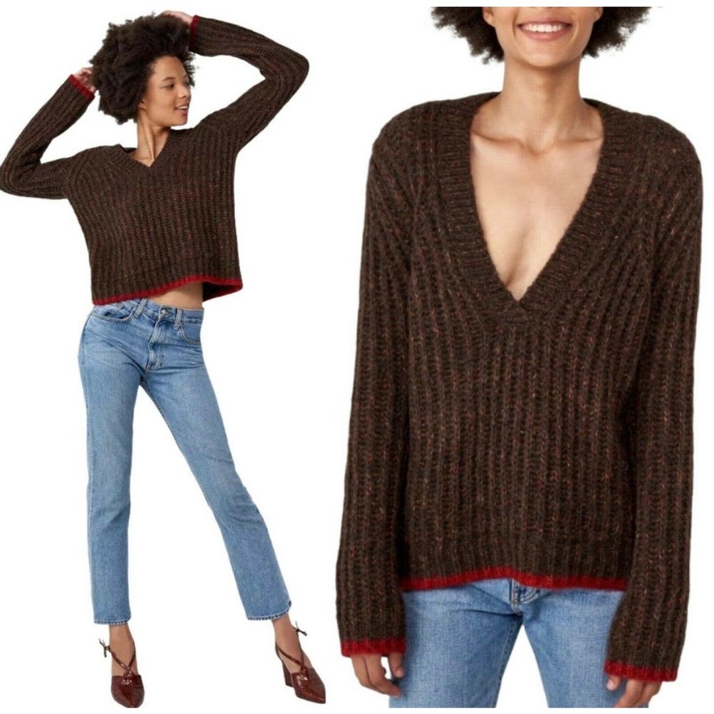 LA LIGNE Brown Sweater Fuzzy Wuzzy Pullover V-Neck Alpaca Cotton Wool Red Trim S - Picture 12 of 12